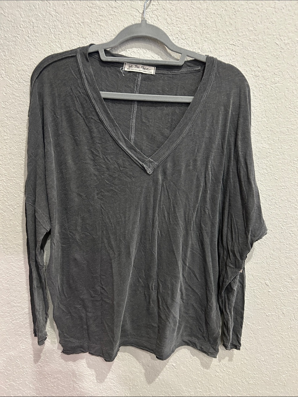 We The Free Washed Charcoal V-Neck Long Sleeve Top